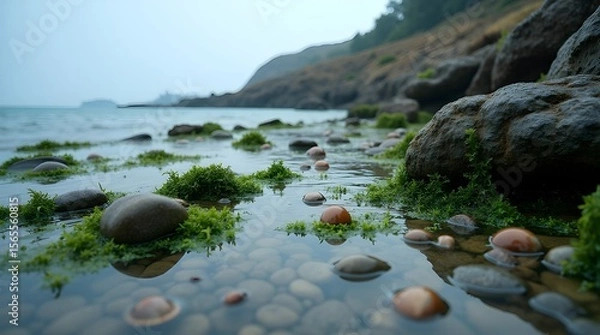 Fototapeta A high-definition image of a rocky shoreline at low tide, showing tide pools filled with seaweed, shells, and glistening wet stones under overcast light --