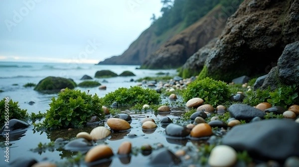Fototapeta A high-definition image of a rocky shoreline at low tide, showing tide pools filled with seaweed, shells, and glistening wet stones under overcast light --