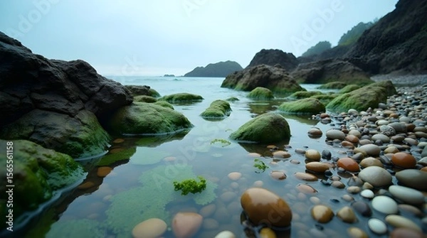 Fototapeta A high-definition image of a rocky shoreline at low tide, showing tide pools filled with seaweed, shells, and glistening wet stones under overcast light --