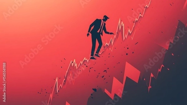 Fototapeta Silhouette of business person walking on falling stock chart with a red gradient photo