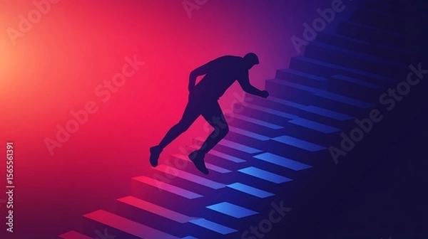 Fototapeta Silhouette of a person running up stairs with a gradient background a conceptual photo