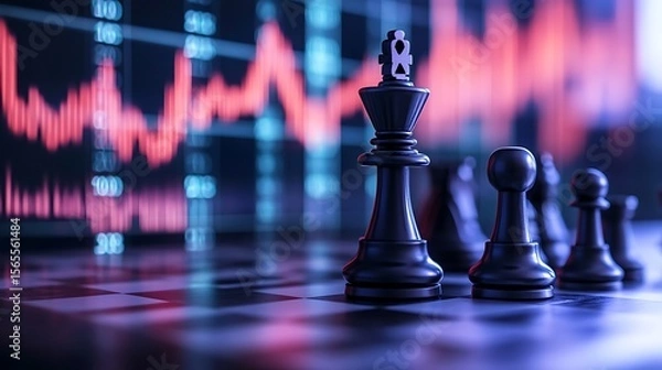 Fototapeta Strategic chess king piece positioned on a board with a blurred stock market trend photo