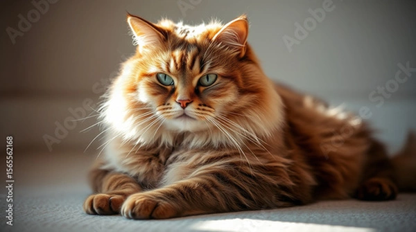 Fototapeta A graceful, elegant fat cat with refined features, bathed in gentle soft light