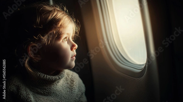 Fototapeta Little girl sitting by the window seat on an airplane, gazing outside during a flight. Ideal for themes of family travel, flying with kids, childhood wonder, and modern transportation. Generative AI. 