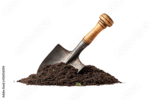 Obraz PNG Shovel in soil: gardening tool with wooden handle in dirt