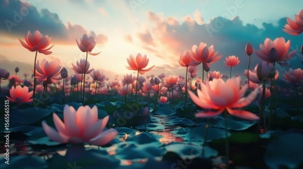 Fototapeta A picturesque view of prickly water lilies swaying gently in a summer breeze during festive season