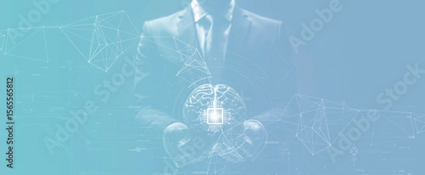 Fototapeta Businessman holding digital brain with AI chip and network lines