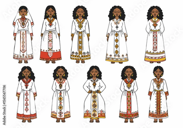 Fototapeta Set of illustrations featuring women in traditional Habesha Kemis dresses, showcasing diverse Ethiopian and Eritrean clothing styles with intricate patterns.