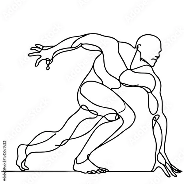 Fototapeta Passionate Urge — starting pose of handsome man: elegant theatrical gesture in minimalist single-line black drawing. One line art.