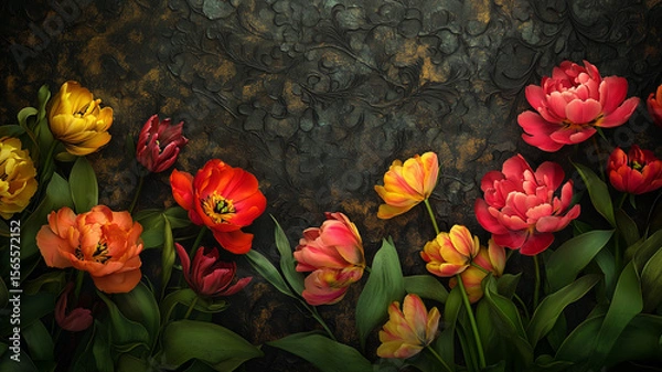 Obraz A high-resolution real photo of an artistic floral wallpaper design featuring vibrant peonies and tulips on a dark textured background, intricate patterns and lush foliage