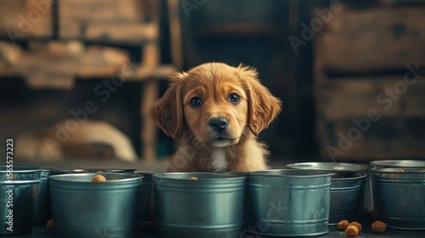 Fototapeta A playful puppy surrounded by empty food containers, looking mischievous with glowing accents