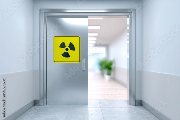 Obraz Metallic door with yellow radiation warning sign, open into corridor with fluorescent lights, danger zone entrance