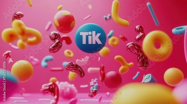 Fototapeta A playful scene with the TikTok logo surrounded by animated icons representing fun and creativity with glowing accents