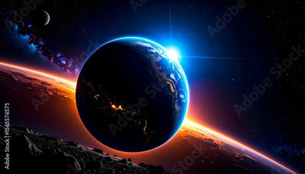 Fototapeta A planet on a black background of vast space, behind the planet from the top center rises a sun illuminating the edges of the planet like a coronary glow