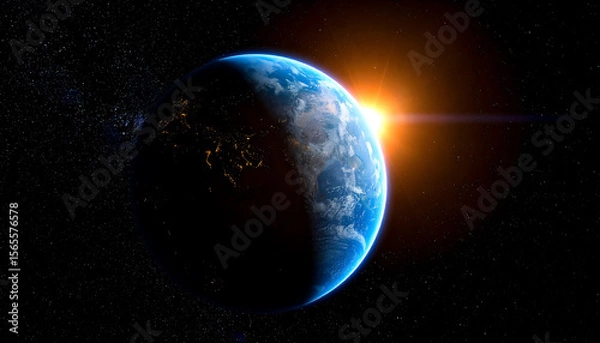 Fototapeta A planet on a black background of vast space, behind the planet from the top center rises a sun illuminating the edges of the planet like a coronary glow