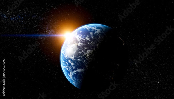 Fototapeta A planet on a black background of vast space, behind the planet from the top center rises a sun illuminating the edges of the planet like a coronary glow