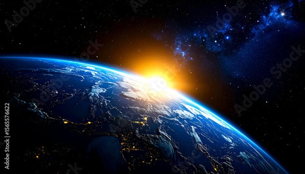 Fototapeta A planet on a black background of vast space, behind the planet from the top center rises a sun illuminating the edges of the planet like a coronary glow