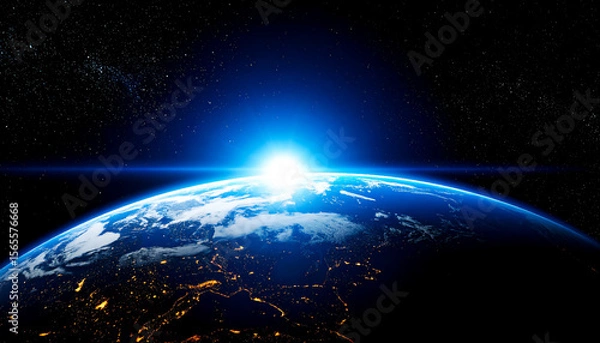 Fototapeta A planet on a black background of vast space, behind the planet from the top center rises a sun illuminating the edges of the planet like a coronary glow