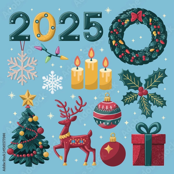 Fototapeta vector Happy New Year Celebrating 2025 in Latin letters , Christmas Decoration Items Santa Claus
