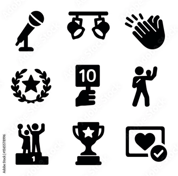 Fototapeta Talent Show Icon Set. Solid, filled icons set of talent show awards: microphone icon, stage lights, applause
