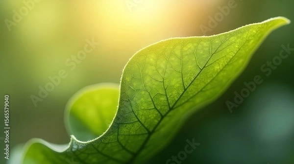Fototapeta ; An HD macro shot of a fresh green leaf with intricate vein patterns, sunlight passing through the surface and creating glowing edges --