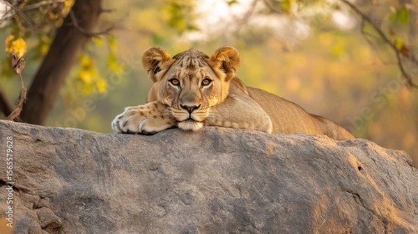 Fototapeta A powerful image of an Indian lion resting majestically on a rock during festive season