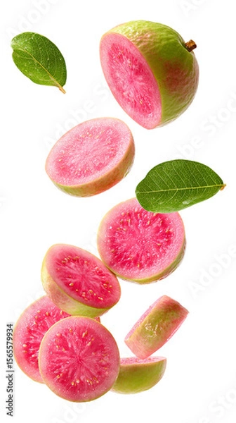 Fototapeta Fresh pink guava slices with leaves falling isolated on transparent white background, clipping path