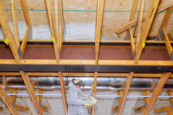 Fototapeta Worker in protective gear installs spray foam insulation with in exposed thermal barrier wooden framing at residential building.