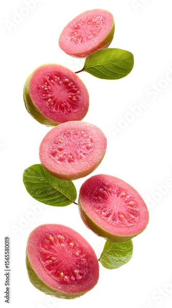 Fototapeta Fresh pink guava slices with leaves falling isolated on transparent white background, clipping path