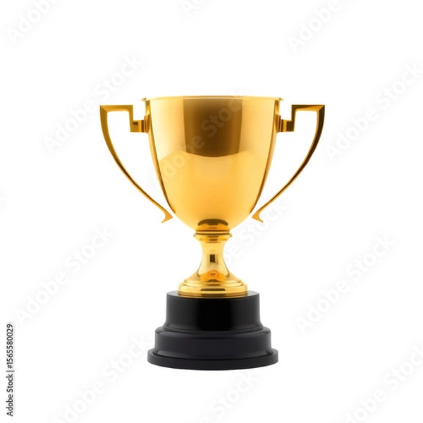 Fototapeta High-resolution transparent PNG image of a shiny golden trophy cup with handles and black base. Clean, realistic design. Isolated with no background.

