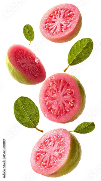 Fototapeta Fresh pink guava slices with leaves falling isolated on transparent white background, clipping path