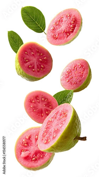 Fototapeta Fresh pink guava slices with leaves falling isolated on transparent white background, clipping path