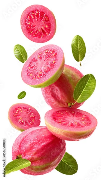 Fototapeta Fresh pink guava slices with leaves falling isolated on transparent white background, clipping path
