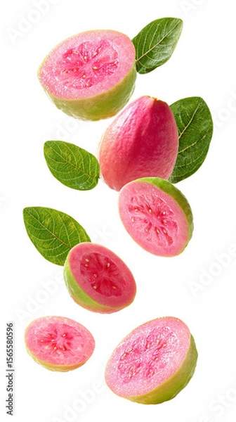 Fototapeta Fresh pink guava slices with leaves falling isolated on transparent white background, clipping path