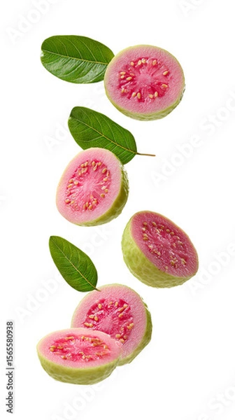 Fototapeta Fresh pink guava slices with leaves falling isolated on transparent white background, clipping path