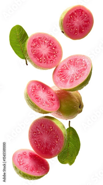 Fototapeta Fresh pink guava slices with leaves falling isolated on transparent white background, clipping path