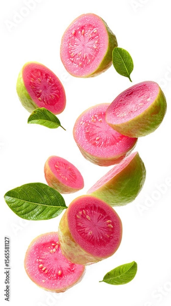 Fototapeta Fresh pink guava slices with leaves falling isolated on transparent white background, clipping path