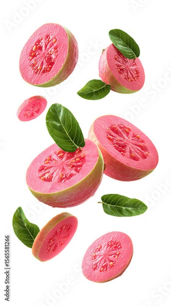 Fototapeta Fresh pink guava slices with leaves falling isolated on transparent white background, clipping path