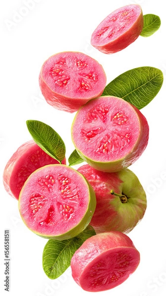 Fototapeta Fresh pink guava slices with leaves falling isolated on transparent white background, clipping path