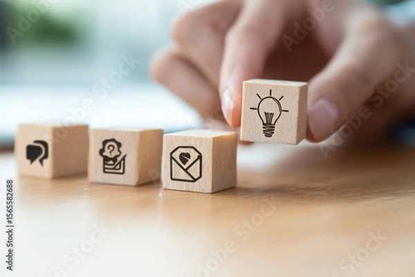 Fototapeta Design Thinking Process Illustrated with Wooden Blocks Featuring Icons – Essential Steps in a Creative Problem-Solving Approach for Innovation and Strategic Growth.
