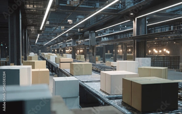 Fototapeta 3D Illustration of an Automated Sorting System in a Warehouse Featuring Conveyor Belts Transporting Labeled Cardboard Boxes for Logistics and Distribution.
