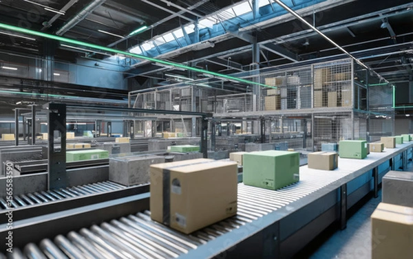 Fototapeta Automated Warehouse Sorting System with Conveyor Belts Moving Labeled Cardboard Boxes – Logistics and Distribution Center 3D Illustration.
