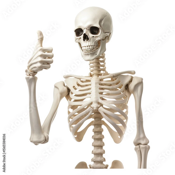 Fototapeta Human skeleton model giving a thumbs up isolated on transparent white background, clipping path