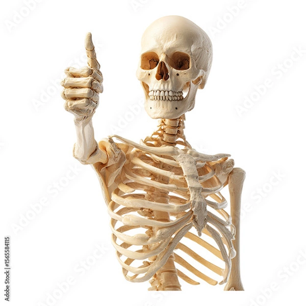 Fototapeta Human skeleton model giving a thumbs up isolated on transparent white background, clipping path