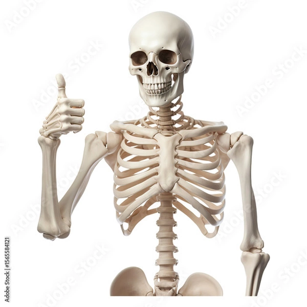 Fototapeta Human skeleton model giving a thumbs up isolated on transparent white background, clipping path