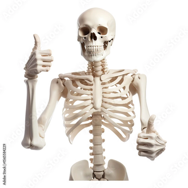 Fototapeta Human skeleton model giving a thumbs up isolated on transparent white background, clipping path