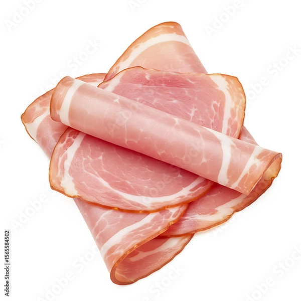 Fototapeta Thin slices of ham stacked on a white background  