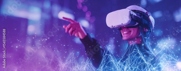 Fototapeta Asian Woman Using VR Headset for Immersive Entertainment in the Metaverse – Augmented Reality and Future Digital Technology Gaming Experience. Metaverse Technology Concept.
