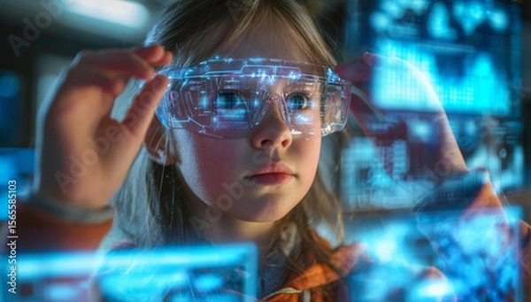 Fototapeta Young Girl Using VR Headset for Interactive Online Learning – Exploring the Future of Education Through Immersive Virtual Reality and Technology for Kids.
