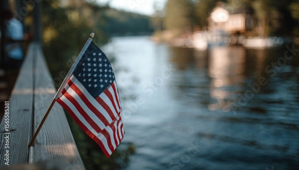 Fototapeta American Flag Displayed on a Wooden Pier Beside a Calm Lake During Golden Hour
